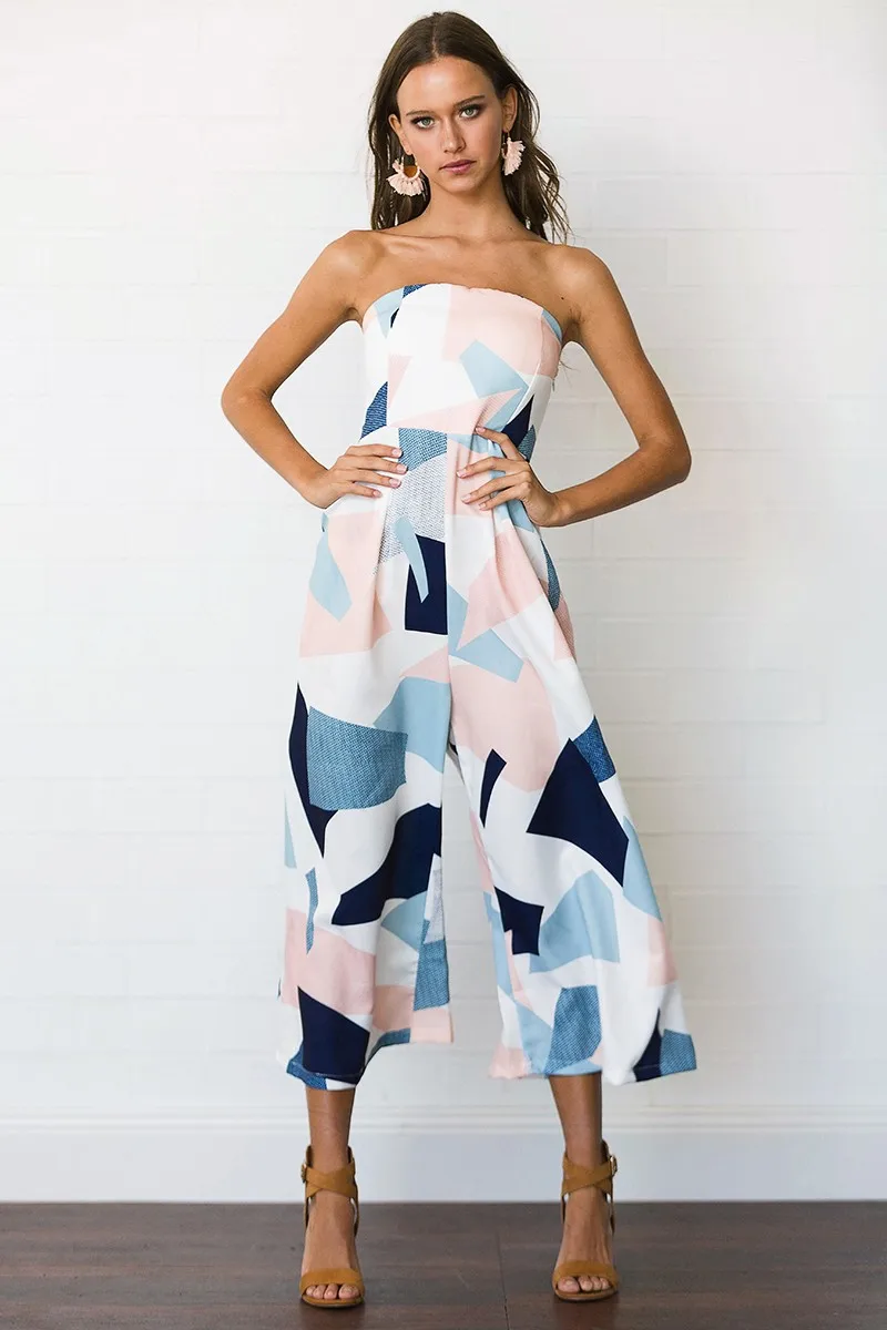 

Paney Quin Fashion Geometry Splice Printing Sleeveless Women Elegance Jumpsuit Backless Strapless Jumpsuit Temperament Jumpsuit