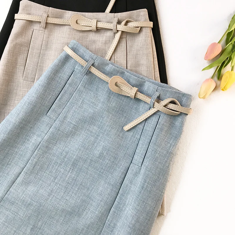 

Small A Bag Hip Skirt Skirt Spring and Summer New High Waist Solid Color Skirt Step Skirt Women with Belt Simple Wind Skirt