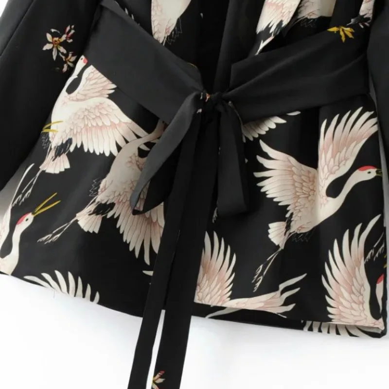 2019 New  Womens Suits Black Autumn  Blazer Set Printing Lace-up Street Fashion Nine-point Wide-leg Trouser Belt
