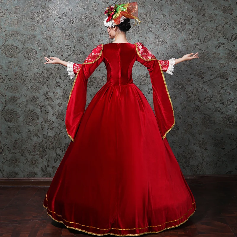 Вечерние платья Rococo Baroque Marie Antoinette с красным квадратным воротником и длинным