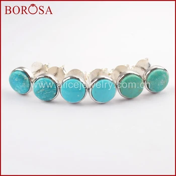 

BOROSA 5Pairs Round Shape 100% Turquoises Stud Earrings,New Silver Color Druzy Stone Earrings for Women SS186