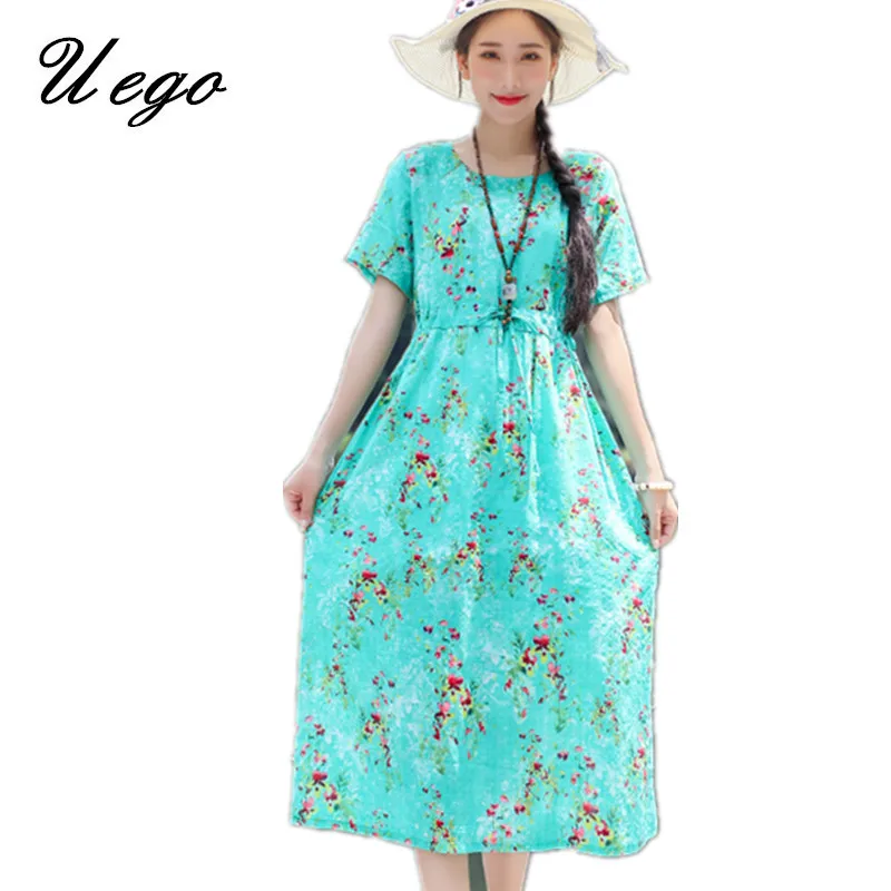 

Uego Print Floral Slim Waist Bandage INS Prairie Chic Summer Dress Thin Light Soft Cotton Linen Women Holiday Beach Casual Dress