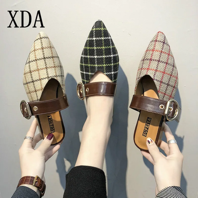 

XDA 2019 Fashion Casual Women's slipper Lady low Heel Pointed Toe Buckle Roman slipper Footwear Mules Slides Loafers Lazy Sandal