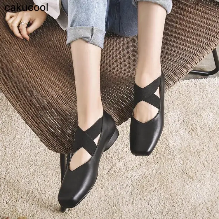 

2019 spring and summer new ballet shoes leather square head comfortable flat with single shoes cross strap women's shoes