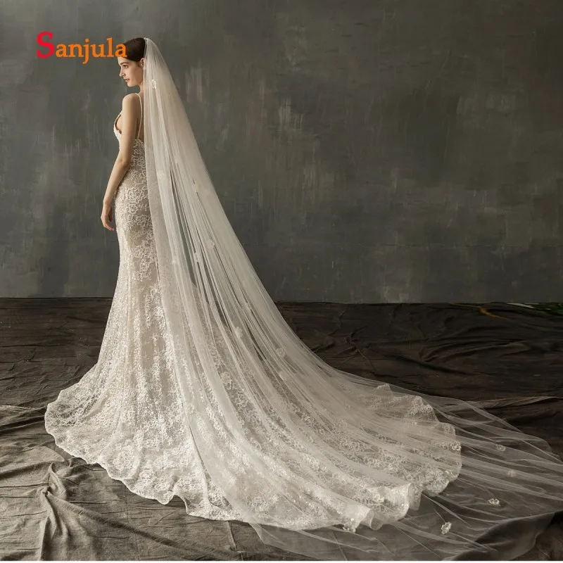 

3 Meters Cathedral Wedding Veils with Comb Handmade Flowers Pearls Lovely Long Bride Veils velo de novia largo V130