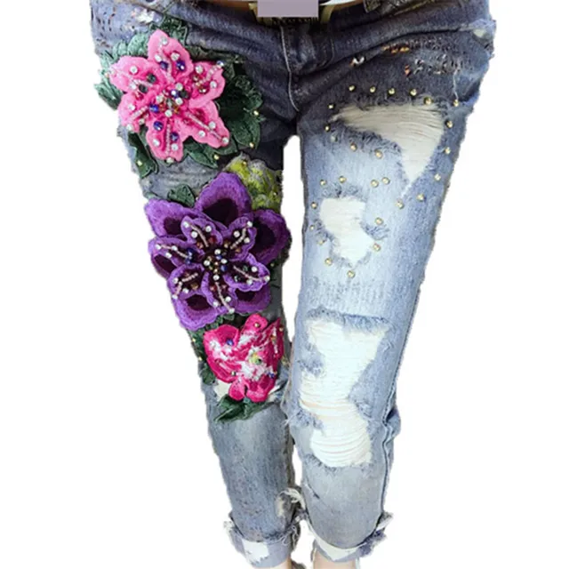 3D Flowers Style Women Denim Jeans Flower Skinny Jeans Pencil Pants