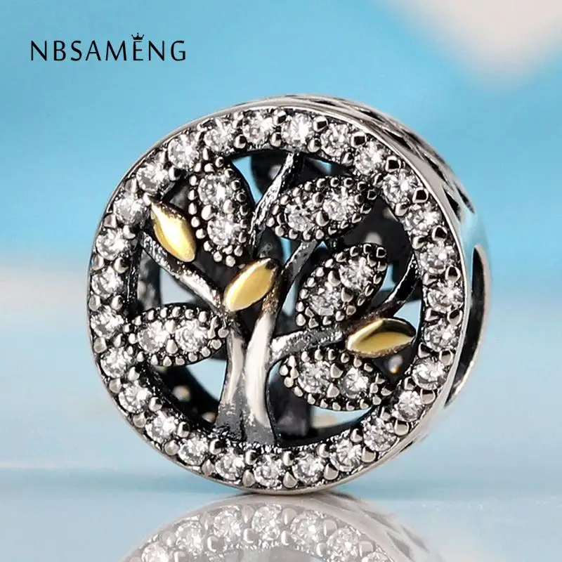 

925 Sterling Silver Bead Golden Hollow Family Tree Of Life CZ Charm Fit Original Pandora Bracelets DIY Charms Women Jewelry