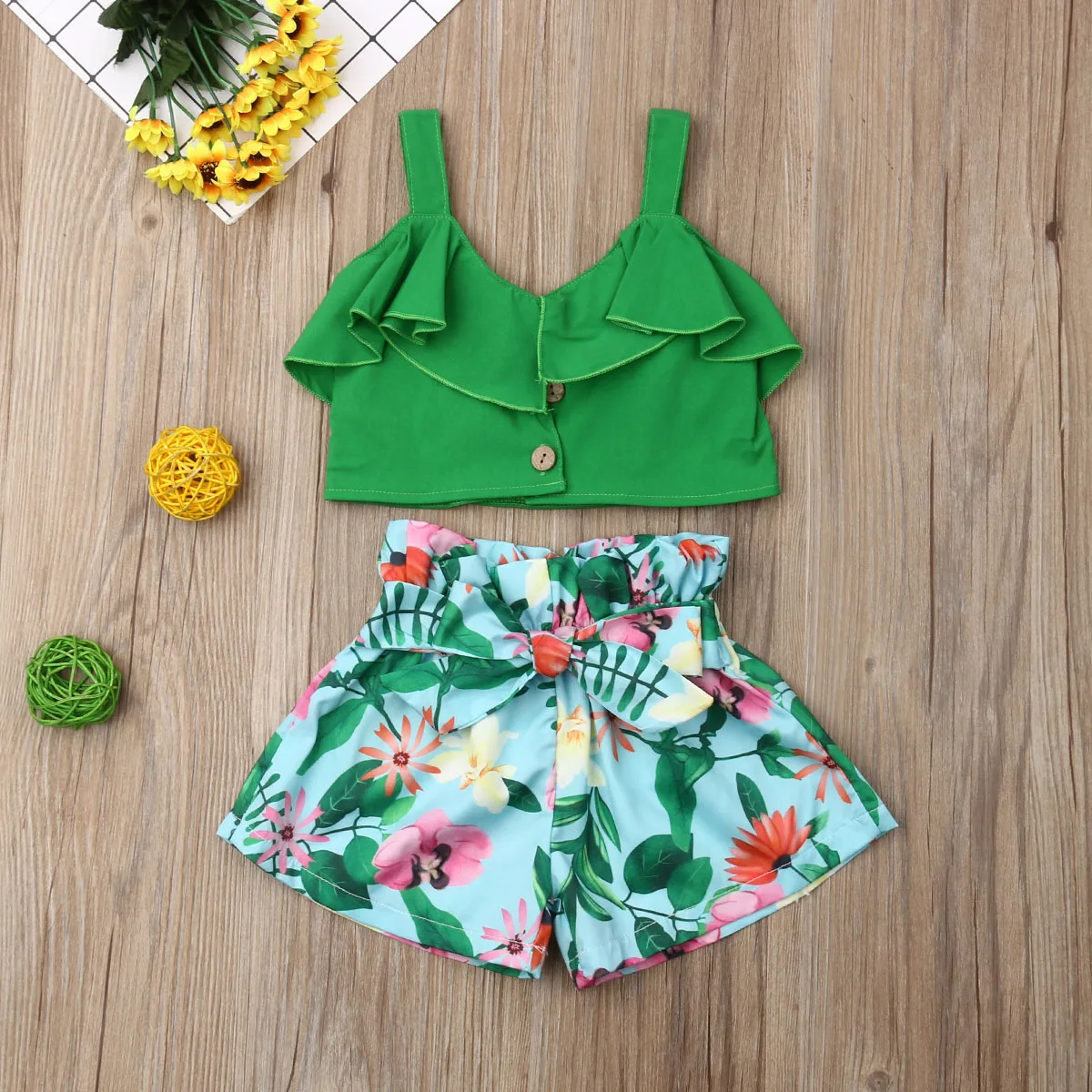 

Pudcoco Summer Toddler Baby Girl Clothes Sleeveless Strap Ruffle Crop Tops Flower Print Short Pants 2Pcs Outfits Clothes