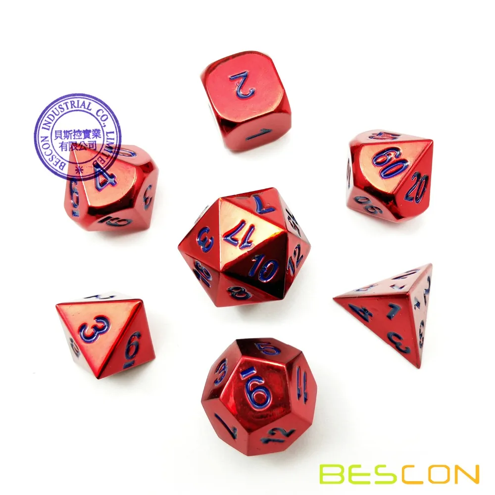 Bescon 7 шт. набор тяжелых металлических игральных костей набор глянцевого цвета вина, твердый металлический многогранный D& D набор игральных костей красное вино w/синие цифры