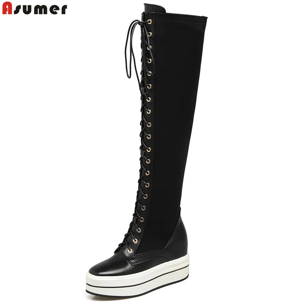 

ASUMER fashion shoes woman boots square toe zipper increased internal cross tied cow leather+Elastic cloth over the knee boots