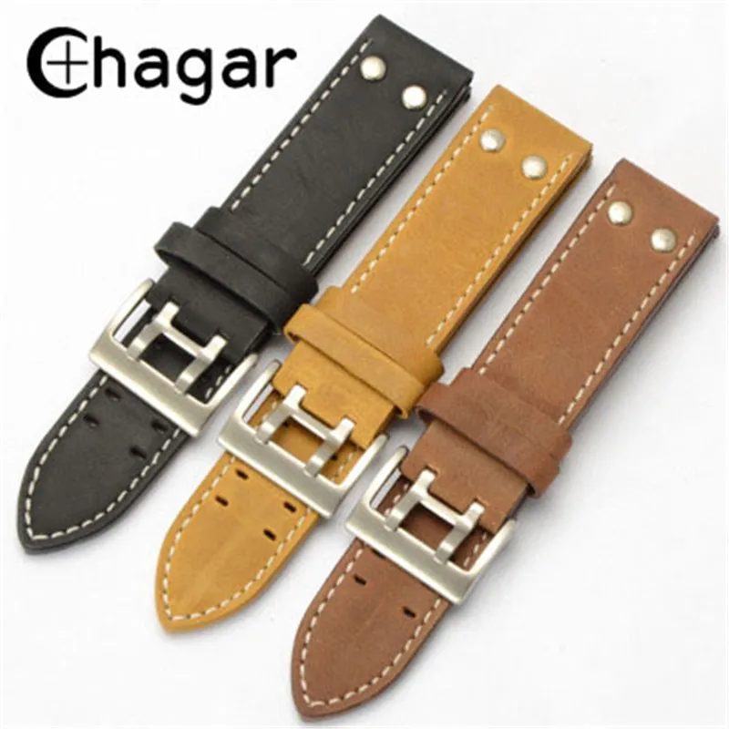 

22mm Vintage Crazy Horse Handmade Genuie Leather Watchband Rivet Khaki Black Mens watch strap bracelet wristband Accessories