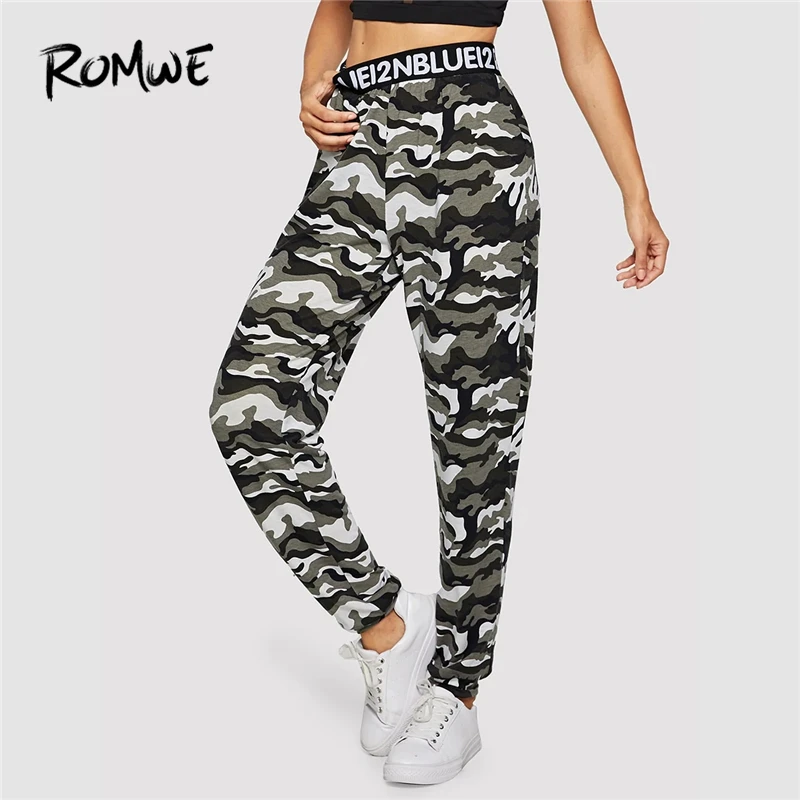 

ROMWE Letter Print Waist Camouflage Pants 2019 Fitness Elastic Waist High Waist Sweatpant Chic Spring Autumn Long Trousers