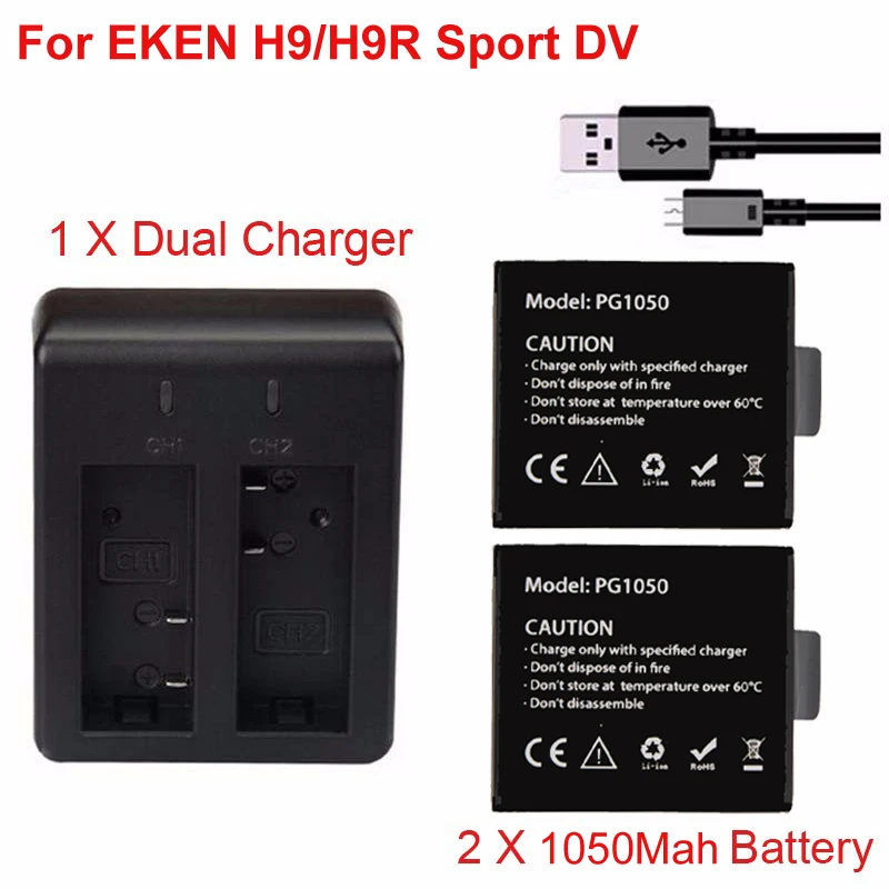 Wholesale Action Camera Spare Battery 2 X 1050mAh chargeable Battery + Dual USB Charger Dock For EKEN H9 H9R H3R H8 Buy Cheap Action Camera Spare Battery 2 X 1050mAh chargeable Battery + Dual USB Charger Dock For EKEN H9 H9R H3R H8
