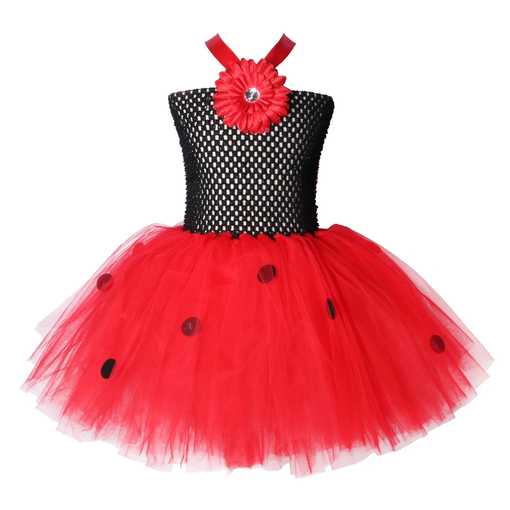 Dots fleur coccinelle filles Tutu robe noir et rouge Halloween dame Bug Cosplay Costume princesse enfants filles robes de fête d'anniversaire