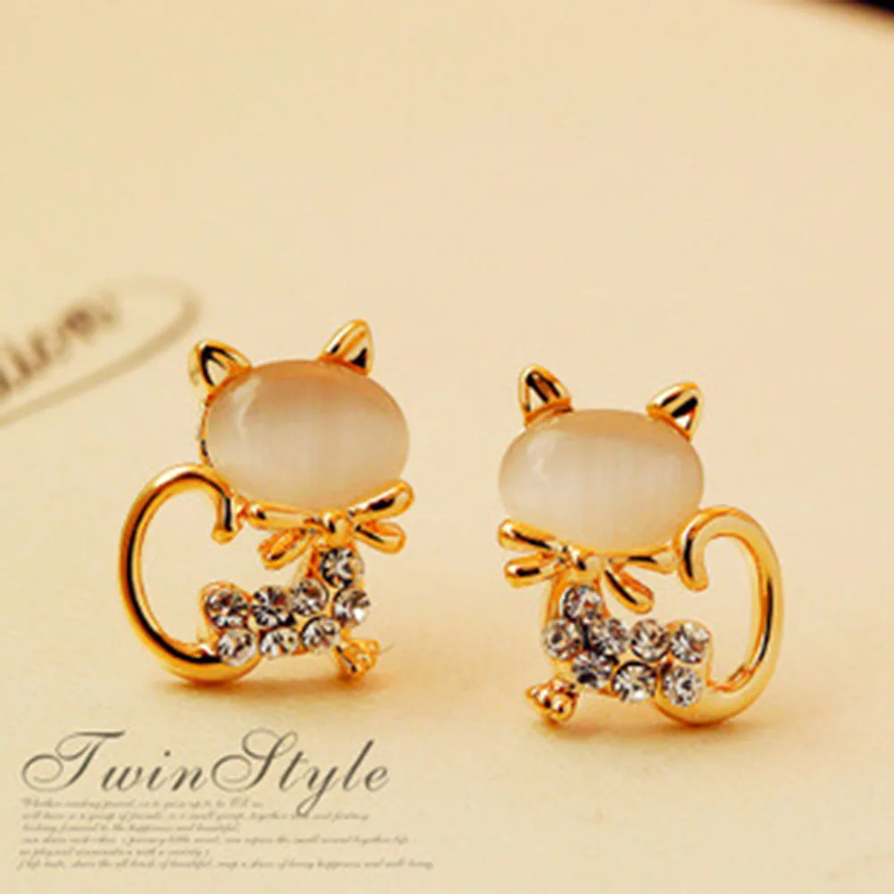 

New Mode Style Hot Fashion Fine Jewelry Gold Color Super Cute Sweet Fresh Opal Rhinestone Color Cat Stud Fashion Earrings Gifts