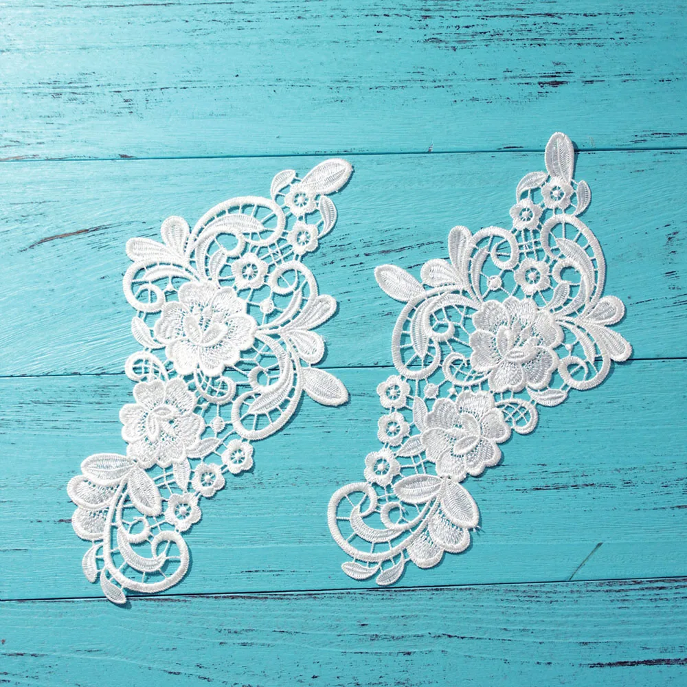 

1 Pair Vintage White Flower Embroidered Lace Applique Fabric Jacquard Sewing Lace Trims Ribbons Fabric For Wedding Dress 27*15cm