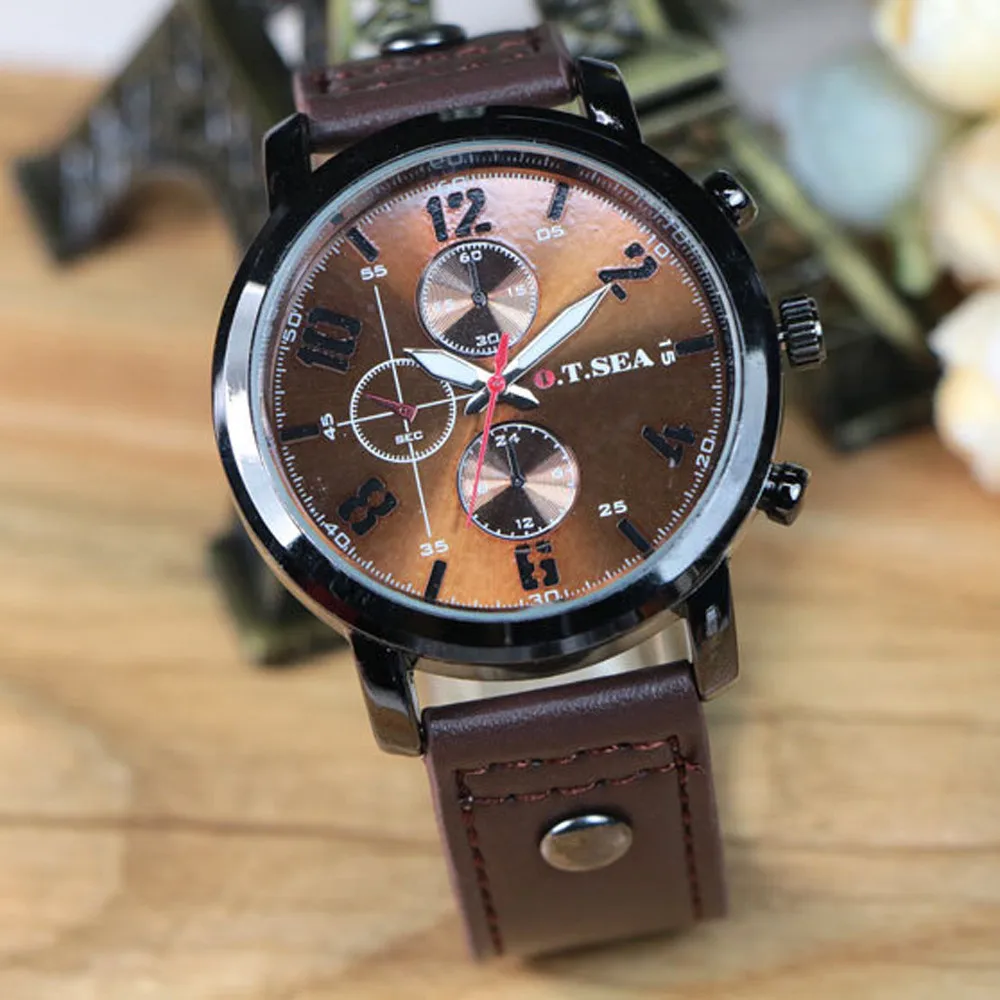 Hot Sales O.T.SEA Brand Casual Leather Watches Men Military Sports Quartz Wrist Watch Relogio Masculino 8192 hot sales o t sea brand faux leather blue ray glass watch men women military quartz wristwatches relogio masculino w045