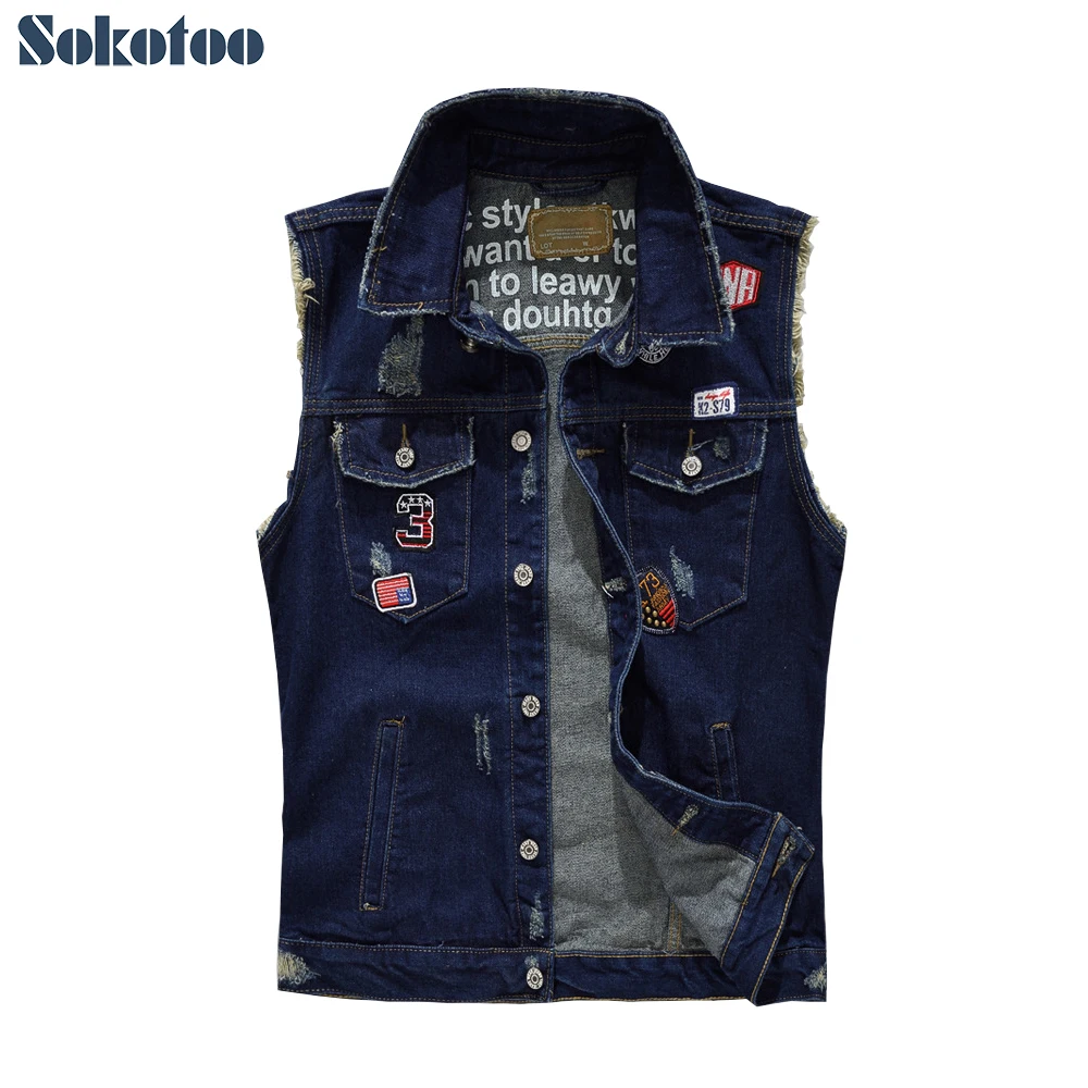 

Sokotoo Men's patch design navy blue denim vest Casusl ripped patchwork waistcoat Slim fit tank top