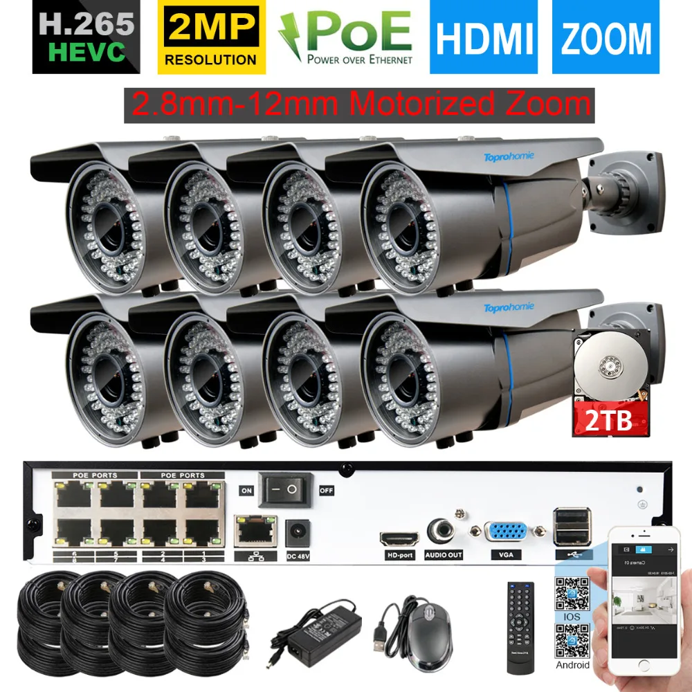 TOPROHOIME H.265 8CH 4MP POE NVR система 2MP 1080P 2 8 мм-12 мм моторизованный зум Автофокус IP камера