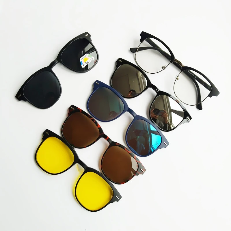 

5 in 1 Clip On Sunglasses with Polarized Mirror Flat Night Vision Magnetic Lens Clips Optical Myopia Glasses Prescription