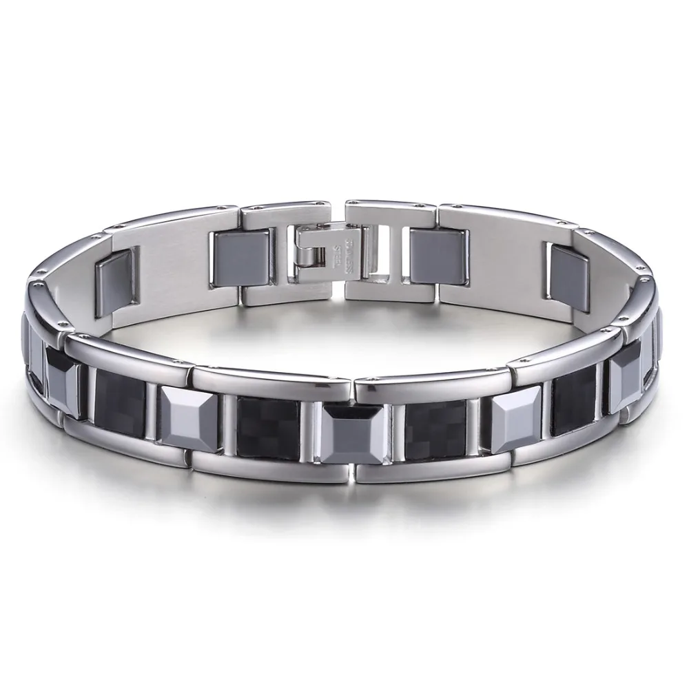 Men's Tungsten & Steel Combine Simple Bracelets with Black Carbon Fiber ...