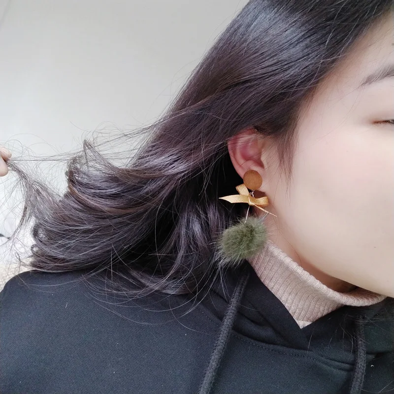 Женские длинные серьги подвески с помпоном и из кроличьего меха|dangle crystal