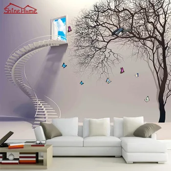 

Cool Cartoon Grey Stairs Window Tree Natrual 3d Photo Wallpaper Mural Rolls for Wall Paper 3d Livingroom Painting Kids Bedroom