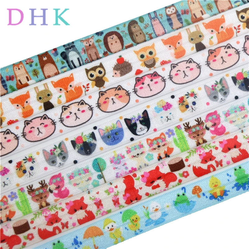 

DHK 5/8'' 5yards animals fox duck cat printed Fold Elastic FOE stretch ribbon hairbow headwear headband DIY OEM C1612