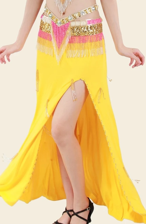 Сексуальные длинные тонкие юбки для танца живота с разрезом по бокам и эластичной талией с подвеской из бисера для танца живота - Цвет: Gold