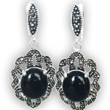 Из натурального черного камня Самоцветы 925 Серебро И Марказит серьги 11/" 5,29