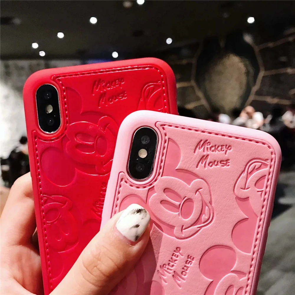 Human - Cartoon Mickey Minnie Mouse Leather Case For iPhone 8 7 6 6S Plus X Xs Max XR 3D embossing Disneys Painting Soft leather Cover