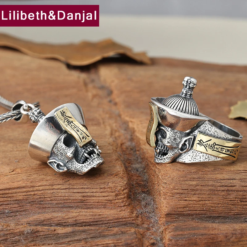 

2019 Punk Set 100% 925 Sterling Silver Men Women Creative Skull Vampire Zombie Adjustable Ring and Necklace Pendant Jewelry S01
