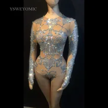 Полные Серебряные стразы сексуальный сценический костюм комбинезон полюс танцевальный наряд женский боди Ночной клуб для выступления певца одежда