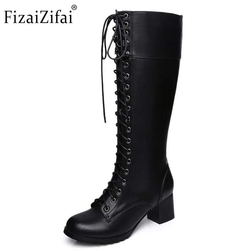 

Sexy Women Real Leather Knee High Boots Square High Heels Shoes Fashion Zipper Winter Snow Riding Boots Women Shoes Size 33-42