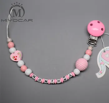 

Personalised -Any name Hand made princess pink heart wooden beads dummy clip holder pacifier clips soother chain teether clip