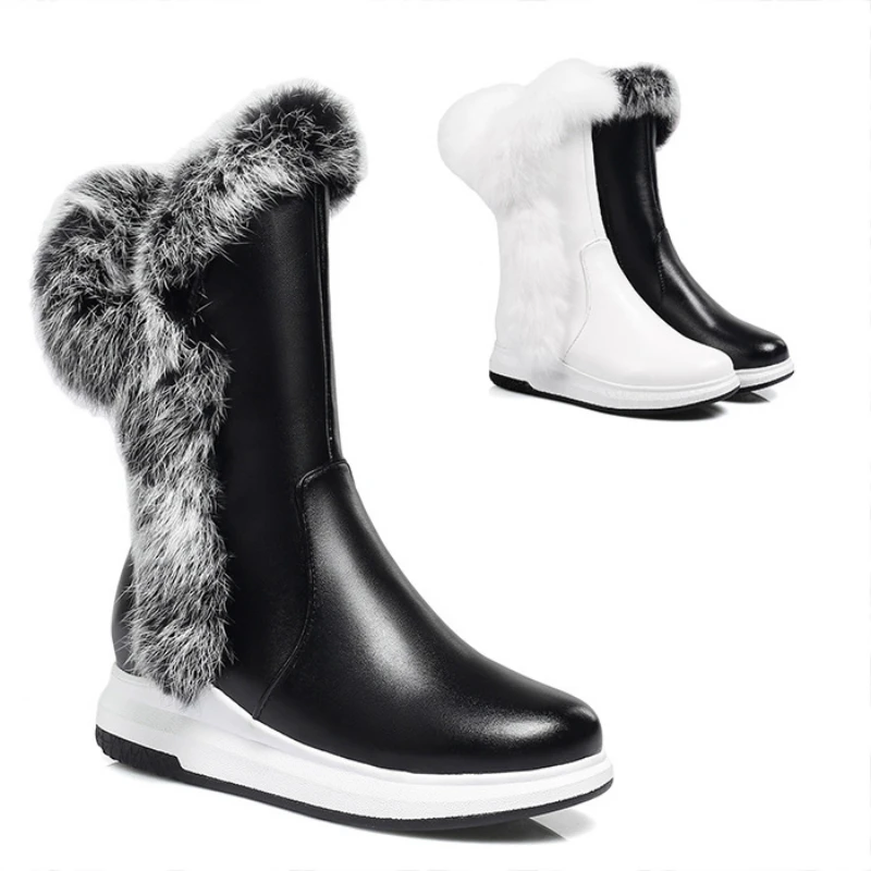 

Snow Boots Women's Warm Winter Plus Velvet Middle Tube Rabbit Hair Thick-soled Cotton Shoes Side Zipper BIG SIZE 34 - 43