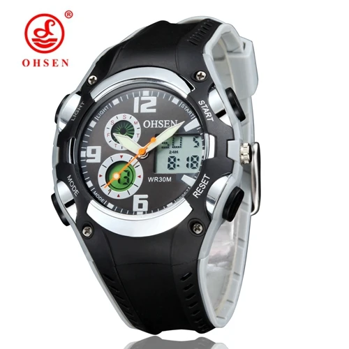 Gray Оригинальные Цифровые кварцевые спортивные часы OHSEN для детей и мальчиков, водонепроницаемые часы длиной 30 м с черным резиновым ремешком, модный светодиодный наручные часы для плавания, подарок - Цвет: Gray