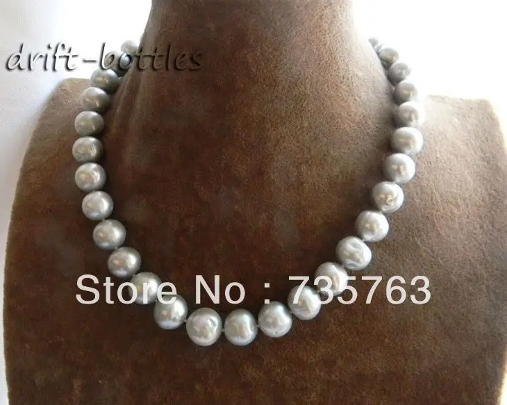 

HOT 00384 17.5'' 12mm-14mm Round Gray Freshwater Pearl Silver Necklace