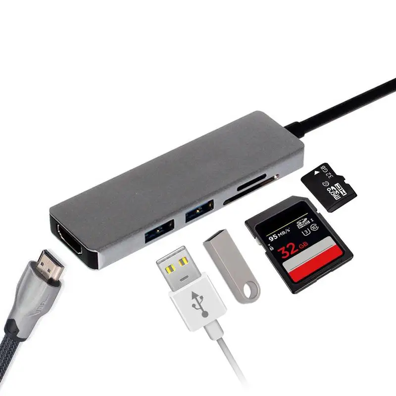 

5-In-1 Multi-Function Hub Type C To HDMI Adapter High-Speed Card Reader 2xusb3.0+SD/TF Card Reader + HDMI Interface