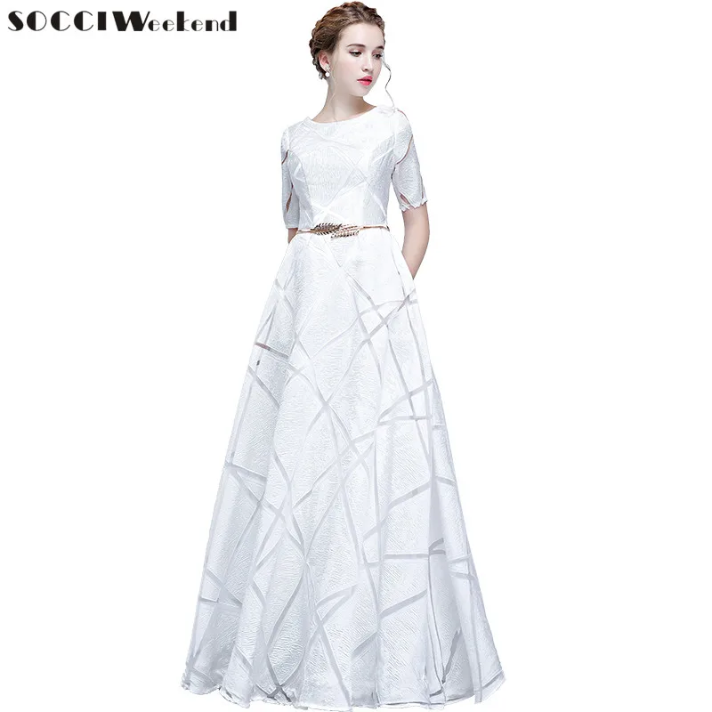 

SOCCI New Simple Evening Dresses 2019 The Banquet Elegant White Short Sleeve Floor-length Prom Party Gowns Pattern Formal Dress