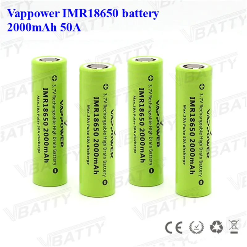 2000mAh 3,7 V Li-Ion Vappower IMR18650 Перезаряжаемый 18650 2000mAh 50A мощный аккумулятор для фонарика камеры