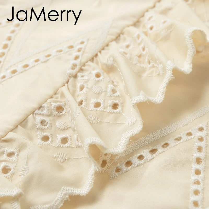 JaMerry Elegant embroidery lace blouse women Summer short sleeve ruffle hollow out tops Fashion ladies solid blouses and tops