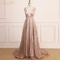 BeryLove Gold Sequin Evening Dress 2019 for Women Long Prom Dress Shiny Sexy vestidos de fiesta V Neck Open Back robe de soiree