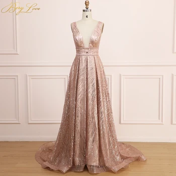 

BeryLove Gold Sequin Evening Dress 2020 Women Long Prom Dress New Shiny Sexy vestidos de fiesta V Neck Open Back robe de soiree