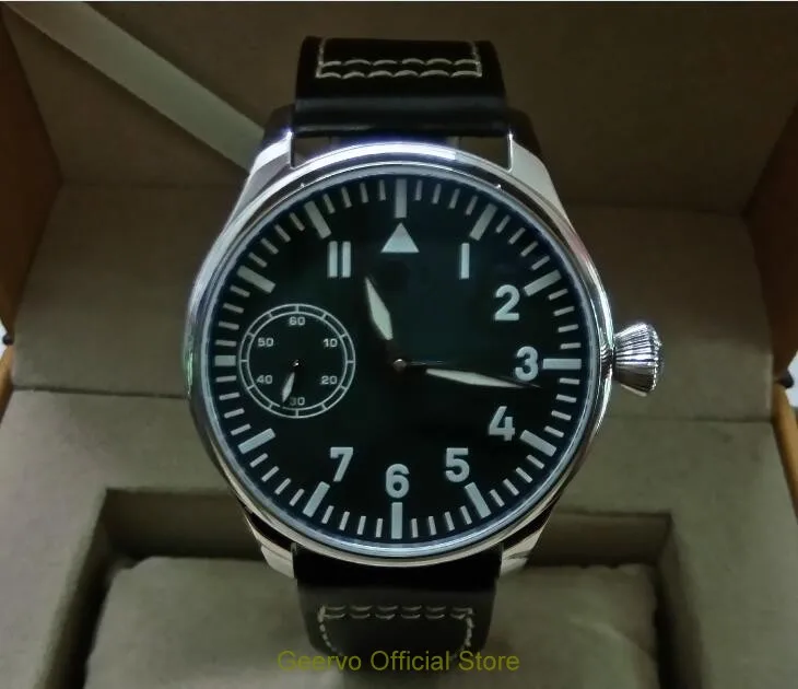 

44mm GEERVO black dial Asian 6497 17 jewels Mechanical Hand Wind movement men's watch green luminous Mechanical watches 20A