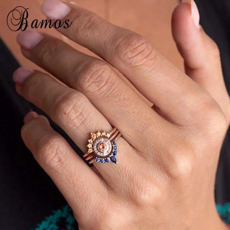 

Bamos Antique Blue And Champagne Zircon Ring Set Vintage Rose Gold Color Wedding Rings For Women Unique Boho Jewelry Best Gift