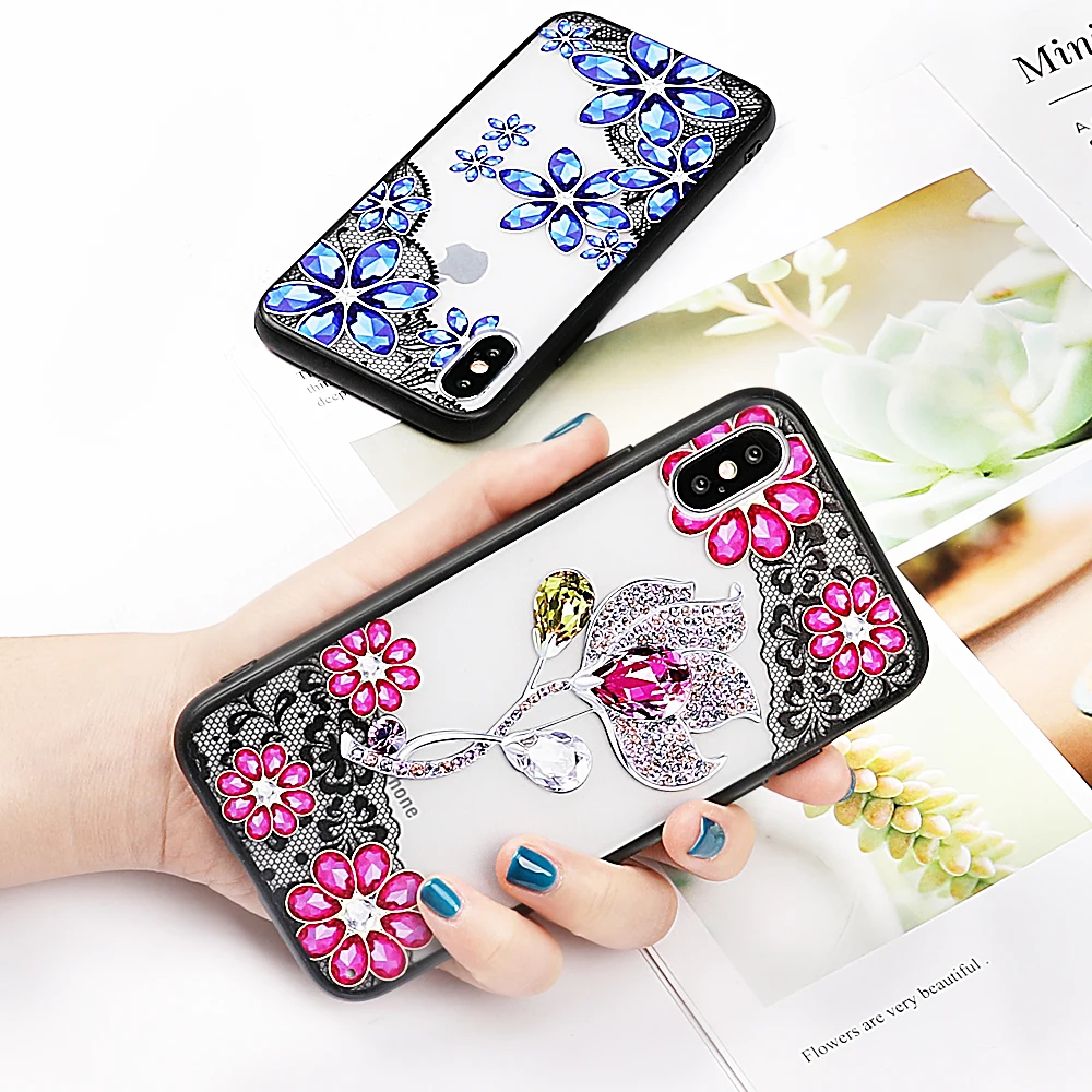 

UBERAY Case For iPhone XS XR XS Max X 8 7 6 6S Plus TPU+PC Full Body Crystal Flower Lace Protective Phone Back Cover Cases Gift