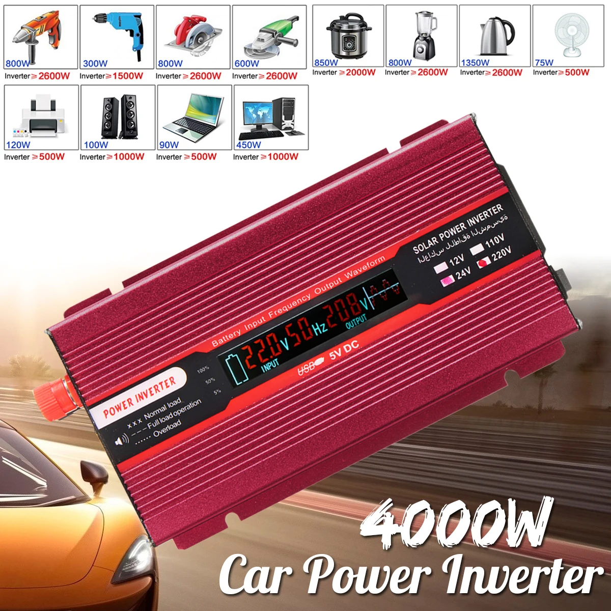 

Voltage Transformer Car Power Inverter 12/24V To AC 220/110V PEAK 4000W USB Modified Sine Wave Converter Low Noise Aluminum