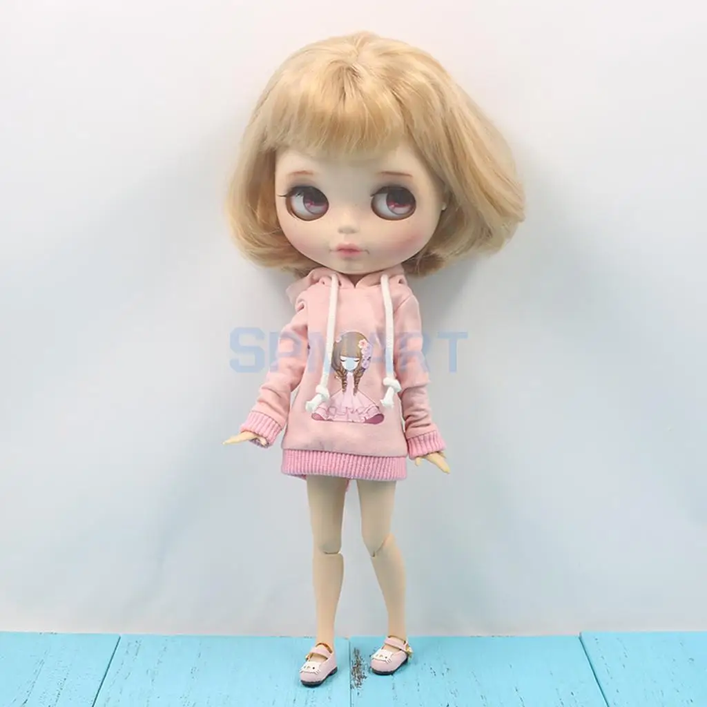 Trendy Pink Hoodie Top with Pretty-Girl Graphic Outfit Clothes for 1/6 Scale Fashion Doll Blythe Azone Licca Accessories