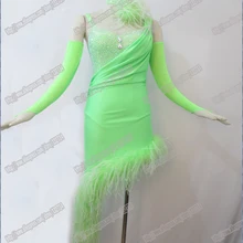 AWSOME зеленое латинское танцевальное платье, балламплатье танцевальная одежда DMC Стразы Латинская Сальса Танго для спортивных танцев платье Настоящее перо B-0076